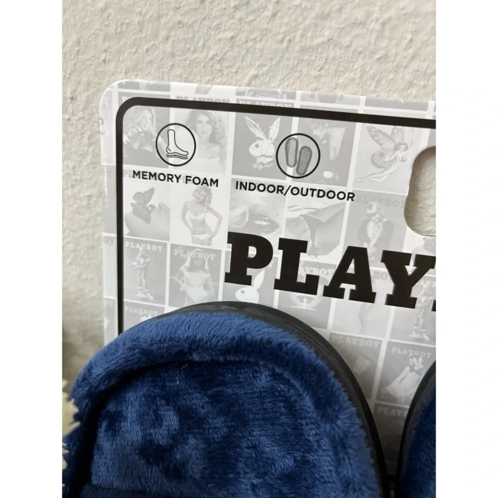 PLAYBOY MENS VELOUR SLIP ON SLIPPERS L 11/12 ROYAL BLUE MEMORY FOAM DAPPER RETRO